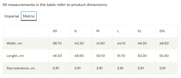 Bella+Canvas Size Guide Metric